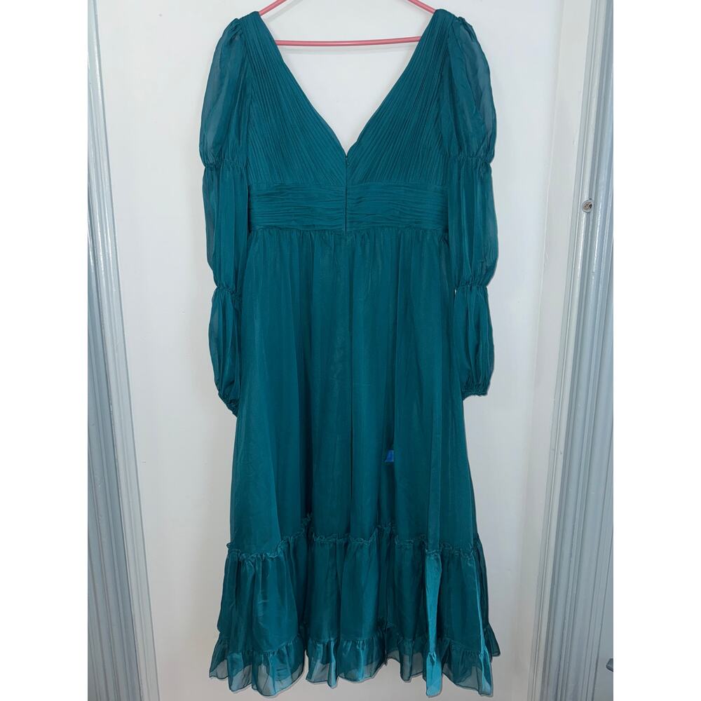 Mac Duggal Teal V-Neck Puff Sleeve Midi Dress - Picture 8 of 12